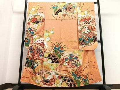 平和屋着物■豪華振袖　駒刺繍　扇面御所車花文　暈し染め　金彩　正絹　逸品　CABI7035xe