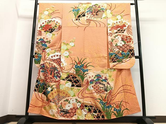 平和屋着物■豪華振袖　駒刺繍　扇面御所車花文　暈し染め　金彩　正絹　逸品　CABI7035xe