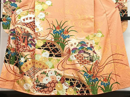 平和屋着物■豪華振袖　駒刺繍　扇面御所車花文　暈し染め　金彩　正絹　逸品　CABI7035xe