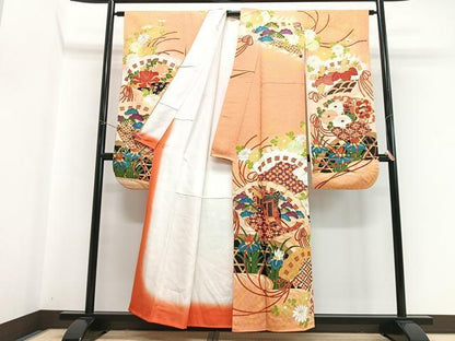 平和屋着物■豪華振袖　駒刺繍　扇面御所車花文　暈し染め　金彩　正絹　逸品　CABI7035xe