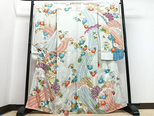 平和屋着物■豪華振袖　駒刺繍　立波花文　金彩　正絹　逸品　CABI7038xe
