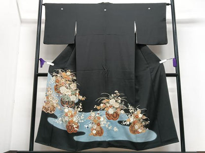 平和屋着物■豪華黒留袖　駒刺繍　花車文　暈し染め　金彩　正絹　逸品　CABI7077xe
