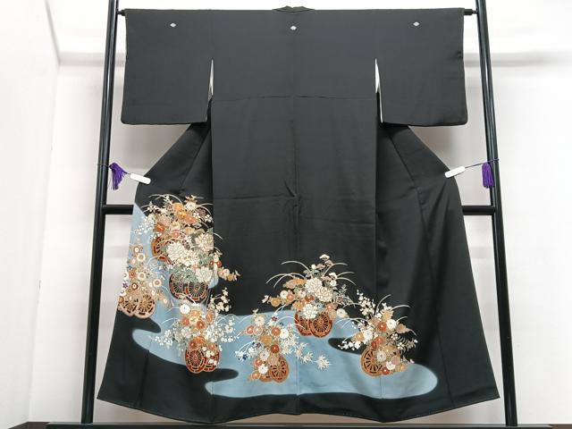 平和屋着物■豪華黒留袖　駒刺繍　花車文　暈し染め　金彩　正絹　逸品　CABI7077xe