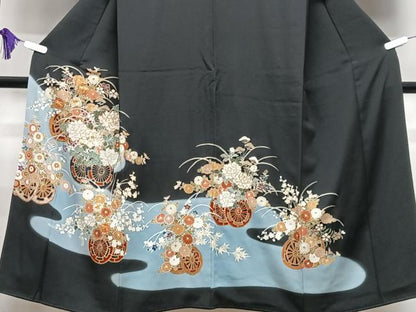 平和屋着物■豪華黒留袖　駒刺繍　花車文　暈し染め　金彩　正絹　逸品　CABI7077xe