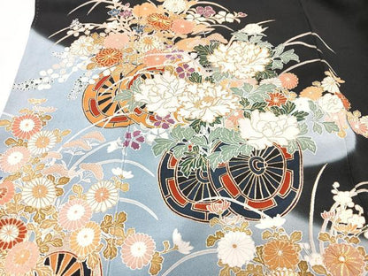 平和屋着物■豪華黒留袖　駒刺繍　花車文　暈し染め　金彩　正絹　逸品　CABI7077xe