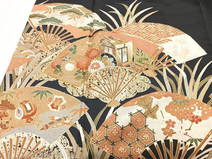 平和屋着物■豪華黒留袖　扇面御所車花文　金彩　正絹　逸品　CABI7079xe