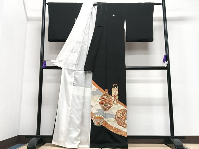 平和屋着物■豪華黒留袖　駒刺繍　陶器文　　正絹　逸品　CABI7087xe