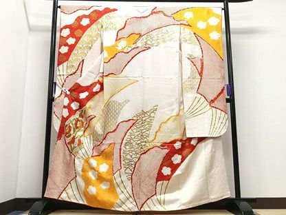 平和屋着物■豪華振袖　駒刺繍　絞り　芝草花文　金彩　正絹　逸品　CABI7091xe