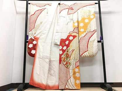 平和屋着物■豪華振袖　駒刺繍　絞り　芝草花文　金彩　正絹　逸品　CABI7091xe