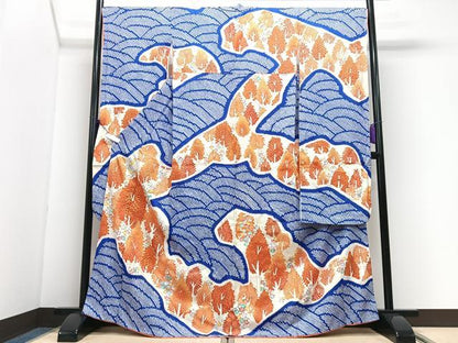 平和屋着物■豪華振袖　駒刺繍　絞り　立波枝花文　金彩　正絹　逸品　CABI7094xe