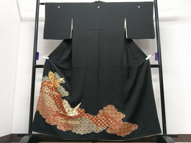 平和屋着物■豪華黒留袖　駒刺繍　飛鶴雲取り花文　金彩　正絹　逸品　CABI7096xe