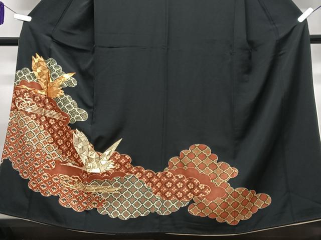 平和屋着物■豪華黒留袖　駒刺繍　飛鶴雲取り花文　金彩　正絹　逸品　CABI7096xe