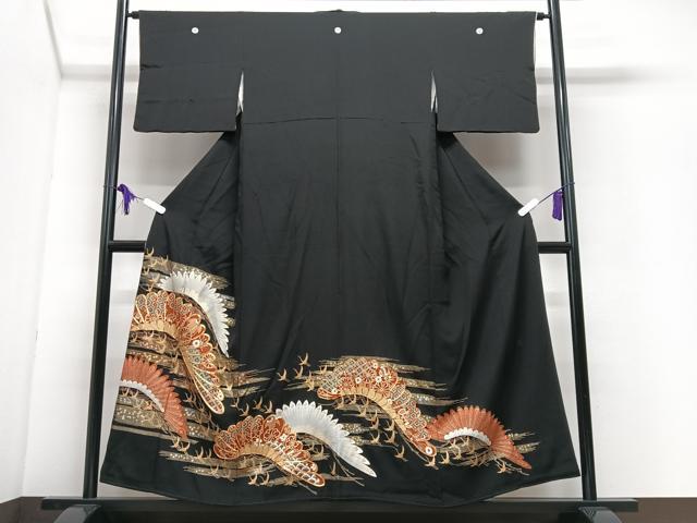 平和屋着物■豪華黒留袖　駒刺繍　飛鶴吉祥花文　金彩　正絹　逸品　CABI7097xe