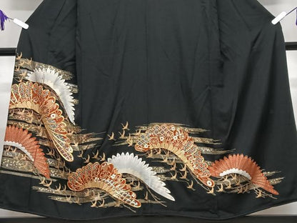 平和屋着物■豪華黒留袖　駒刺繍　飛鶴吉祥花文　金彩　正絹　逸品　CABI7097xe