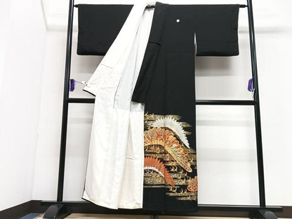 平和屋着物■豪華黒留袖　駒刺繍　飛鶴吉祥花文　金彩　正絹　逸品　CABI7097xe