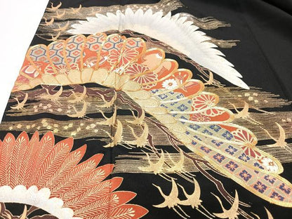 平和屋着物■豪華黒留袖　駒刺繍　飛鶴吉祥花文　金彩　正絹　逸品　CABI7097xe