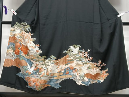 平和屋着物■豪華黒留袖　飛鶴花文　金銀彩　正絹　逸品　CABI7099xe
