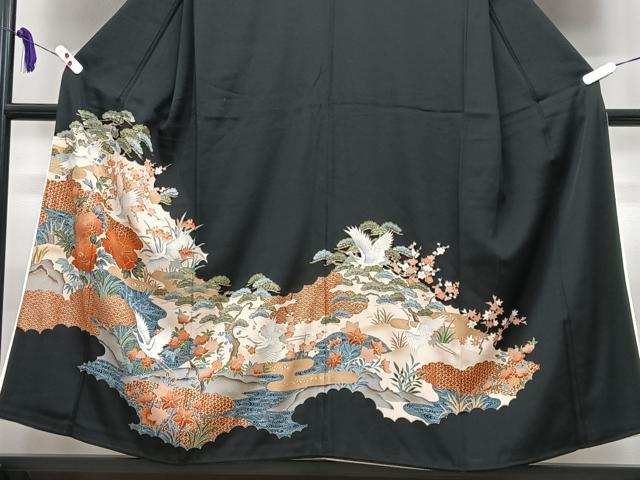 平和屋着物■豪華黒留袖　飛鶴花文　金銀彩　正絹　逸品　CABI7099xe