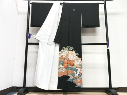 平和屋着物■豪華黒留袖　飛鶴花文　金銀彩　正絹　逸品　CABI7099xe