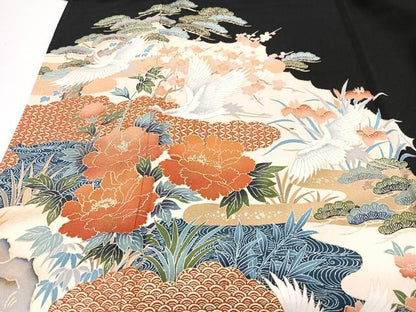 平和屋着物■豪華黒留袖　飛鶴花文　金銀彩　正絹　逸品　CABI7099xe