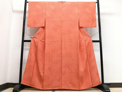 平和屋着物■上質な色無地　松皮菱花唐草地紋　黄赤色　正絹　逸品　CABI7130xe