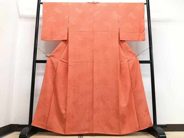 平和屋着物■上質な色無地　松皮菱花唐草地紋　黄赤色　正絹　逸品　CABI7130xe