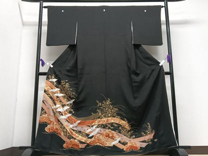平和屋着物■豪華黒留袖　駒刺繍　飛鶴短冊吉祥花文　金彩　正絹　逸品　CABI7137xe