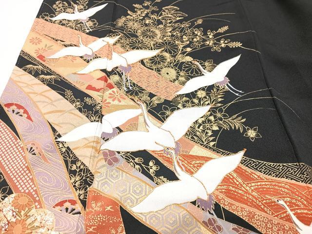 平和屋着物■豪華黒留袖　駒刺繍　飛鶴短冊吉祥花文　金彩　正絹　逸品　CABI7137xe