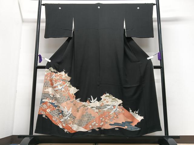 平和屋着物■豪華黒留袖　駒刺繍　飛鶴吉祥花文　金彩　正絹　逸品　CABI7138xe