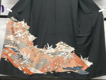 平和屋着物■豪華黒留袖　駒刺繍　飛鶴吉祥花文　金彩　正絹　逸品　CABI7138xe