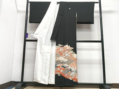 平和屋着物■豪華黒留袖　駒刺繍　飛鶴吉祥花文　金彩　正絹　逸品　CABI7138xe
