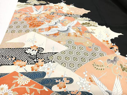平和屋着物■豪華黒留袖　駒刺繍　飛鶴吉祥花文　金彩　正絹　逸品　CABI7138xe