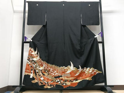 平和屋着物■豪華黒留袖　飛鶴短冊花文　金彩　正絹　逸品　CABI7148xe