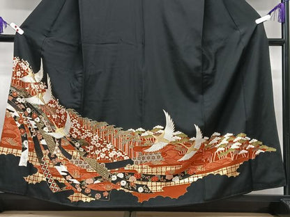 平和屋着物■豪華黒留袖　飛鶴短冊花文　金彩　正絹　逸品　CABI7148xe
