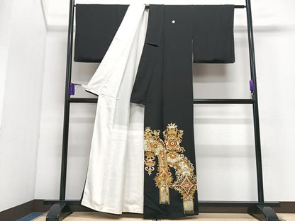 平和屋着物■豪華黒留袖　駒刺繍　花唐草文　金彩　正絹　逸品　CABI7149xe