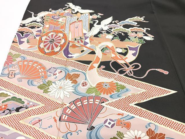 平和屋着物■豪華黒留袖　駒刺繍　御所車扇面花松文　金彩　正絹　逸品　CABI7152xe