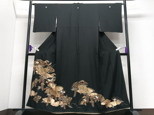 平和屋着物■豪華黒留袖　駒刺繍　扇面花文　金彩　正絹　逸品　CABI7154xe