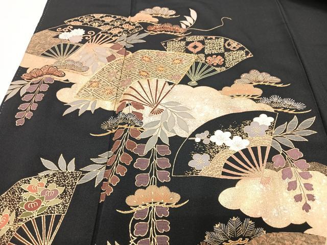 平和屋着物■豪華黒留袖　駒刺繍　扇面花文　金彩　正絹　逸品　CABI7154xe