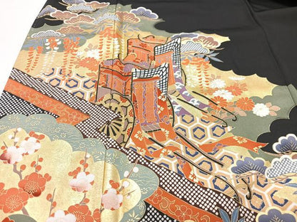 平和屋着物■豪華黒留袖　御所車吉祥花文　金彩　正絹　逸品　CABI7157xe