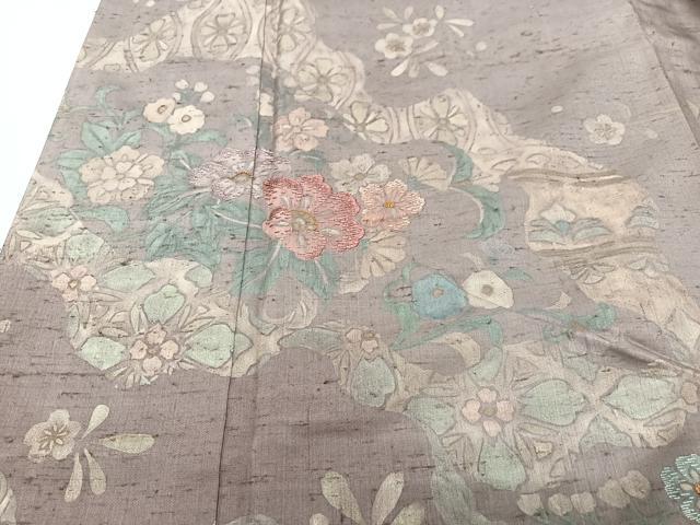 平和屋着物■中国三大刺繍　相良刺繍　訪問着　作家物　紬地　草花文　正絹　逸品　CABI7174xe