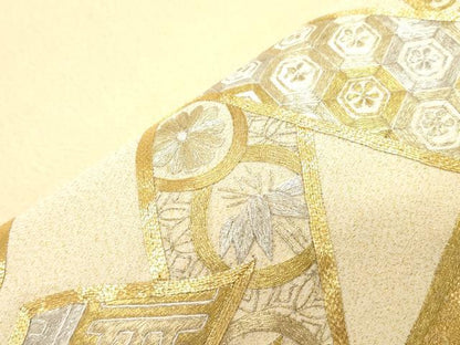 平和屋着物●綴れ　丸帯　総刺繍　駒刺繍　束ね熨斗花文　金銀糸　正絹　逸品　CABI7201dy