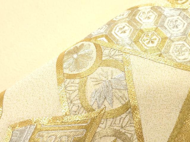 平和屋着物●綴れ　丸帯　総刺繍　駒刺繍　束ね熨斗花文　金銀糸　正絹　逸品　CABI7201dy