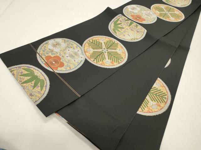 平和屋着物●六通柄袋帯　松竹梅　黒地　金糸　正絹　逸品　CABI7203dy
