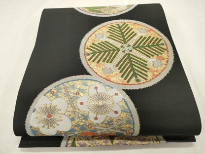平和屋着物●六通柄袋帯　松竹梅　黒地　金糸　正絹　逸品　CABI7203dy