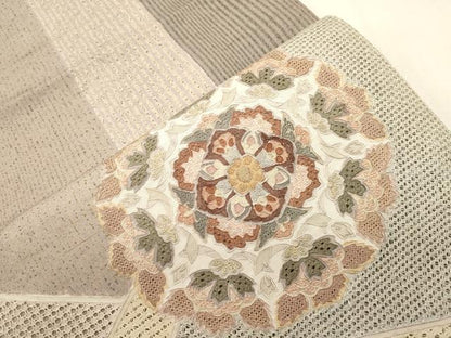 平和屋着物●中国三大刺繍　スワトウ刺繍　相良刺繍　総刺繍　太鼓柄袋帯　紬地　切嵌花文　正絹　逸品　CABI7208dy