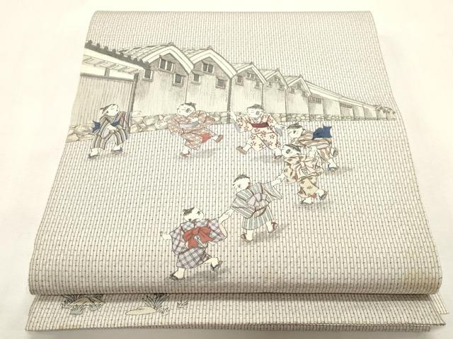 平和屋着物●全通柄袋帯　本場縞大島　童子遊び　正絹　逸品　CABI7215dy