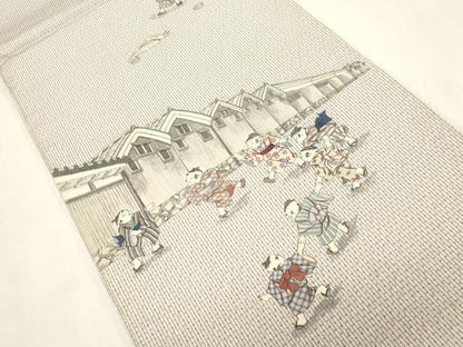 平和屋着物●全通柄袋帯　本場縞大島　童子遊び　正絹　逸品　CABI7215dy
