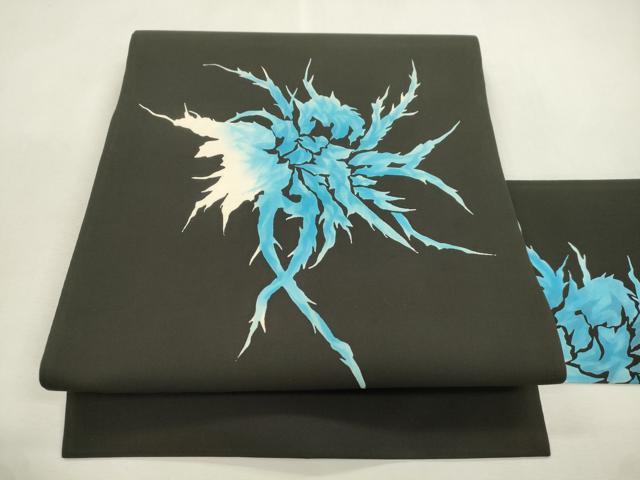 平和屋着物●九寸名古屋帯　ろうけつ染め　草木文　黒地　正絹　逸品　CABI7223dy