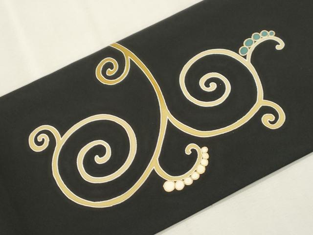 平和屋着物●塩瀬　九寸名古屋帯　唐草文　黒地　金彩　正絹　逸品　CABI7224dy