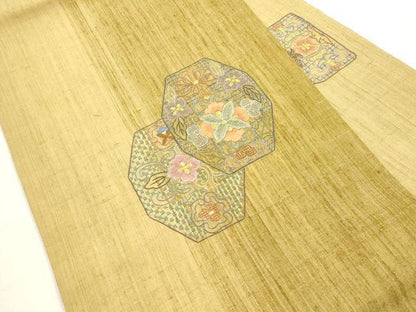 平和屋着物●中国三大刺繍　スワトウ刺繍　相良刺繍　総刺繍　九寸名古屋帯　紬地　幾何学花文　金糸　正絹　逸品　CABI7227dy